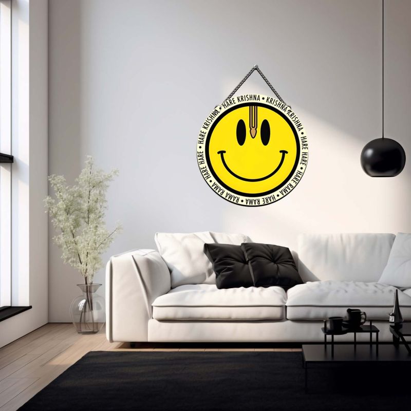 Hare Krishna Hare Rama Mantra With Smiley Face Wall Hanging Decoration for Home Entrance, Pooja Room, and Office Meditation Spaces Decor Positive Vibes Spiritual Art